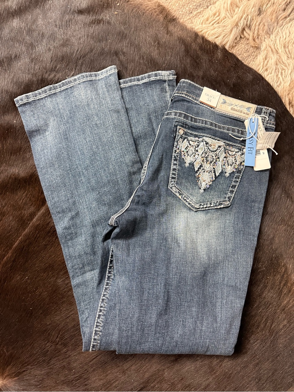 Grace in LA Blue Bootcut Jeans with Embellished Back Pocket